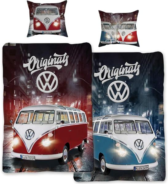 BERONAGE Kinderbettwäsche VW Volkswagen Bulli Bettwäsche Originals Linon / Renforcé Übergröße, 100% Baumwolle, 2 teilig, 155x220 cm / 80x80 cm