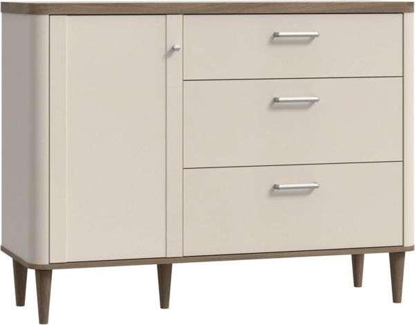 Forte LACETTI Kommode 120, Moderne Kommode mit Skandi Lamellen Design, 3 Schubladen, 1 Tür, Holzwerkstoff, Sand mit Valencia Eiche Holzdekor, 120,1 cm breit x 91,7 cm hoch x 41,2 cm tief Bild 4