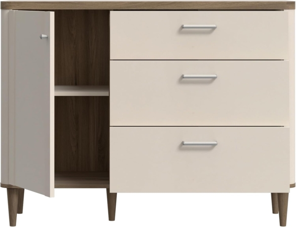 Forte LACETTI Kommode 120, Moderne Kommode mit Skandi Lamellen Design, 3 Schubladen, 1 Tür, Holzwerkstoff, Sand mit Valencia Eiche Holzdekor, 120,1 cm breit x 91,7 cm hoch x 41,2 cm tief Bild 5