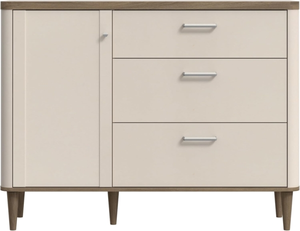 Forte LACETTI Kommode 120, Moderne Kommode mit Skandi Lamellen Design, 3 Schubladen, 1 Tür, Holzwerkstoff, Sand mit Valencia Eiche Holzdekor, 120,1 cm breit x 91,7 cm hoch x 41,2 cm tief Bild 3
