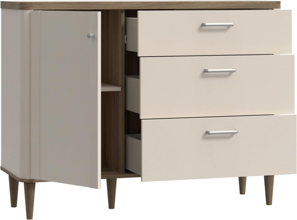 Forte LACETTI Kommode 120, Moderne Kommode mit Skandi Lamellen Design, 3 Schubladen, 1 Tür, Holzwerkstoff, Sand mit Valencia Eiche Holzdekor, 120,1 cm breit x 91,7 cm hoch x 41,2 cm tief Bild 6