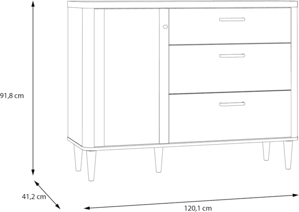 Forte LACETTI Kommode 120, Moderne Kommode mit Skandi Lamellen Design, 3 Schubladen, 1 Tür, Holzwerkstoff, Sand mit Valencia Eiche Holzdekor, 120,1 cm breit x 91,7 cm hoch x 41,2 cm tief Bild 2