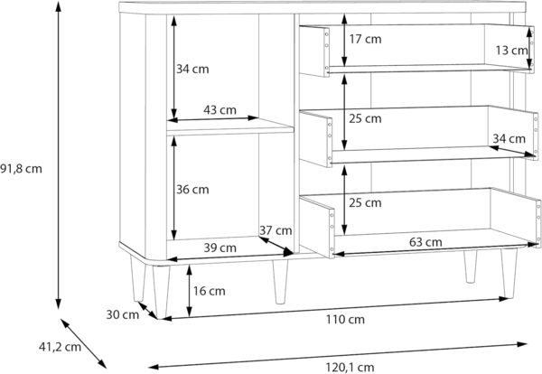 Forte LACETTI Kommode 120, Moderne Kommode mit Skandi Lamellen Design, 3 Schubladen, 1 Tür, Holzwerkstoff, Sand mit Valencia Eiche Holzdekor, 120,1 cm breit x 91,7 cm hoch x 41,2 cm tief Bild 7