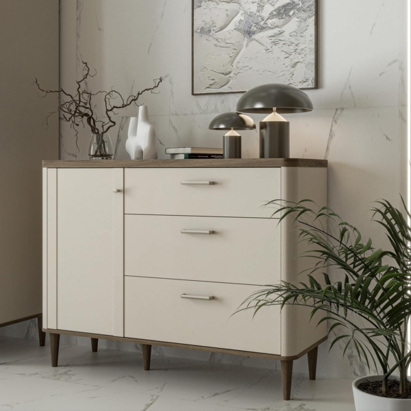 Forte LACETTI Kommode 120, Moderne Kommode mit Skandi Lamellen Design, 3 Schubladen, 1 Tür, Holzwerkstoff, Sand mit Valencia Eiche Holzdekor, 120,1 cm breit x 91,7 cm hoch x 41,2 cm tief Bild 1