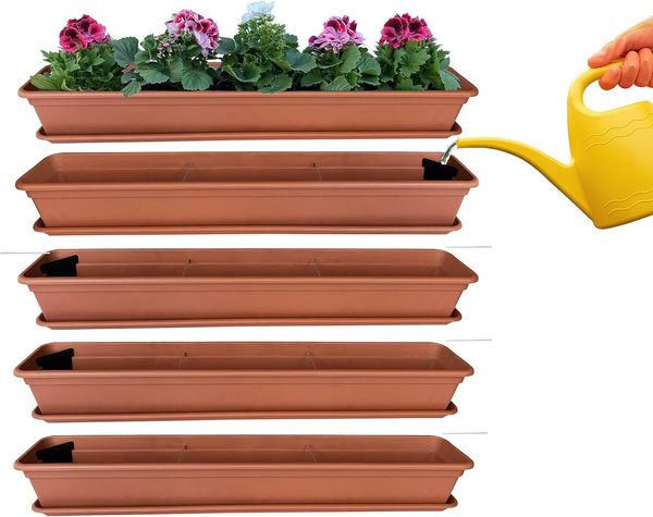 4er Blumenkasten Set Balkonkasten Pflanzkasten Terracotta mit Bewässerungssystem und Balkonkasten Untersetzer 80cm