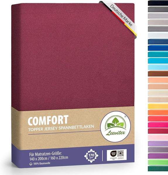 leevitex® Spannbettlaken, Premium 170g/m², Gummizug: rundum, schwer und dick, 100% Jersey-Baumwolle, Bordeaux / Weinrot, Topper | 140 x 200 - 160 x 220 cm