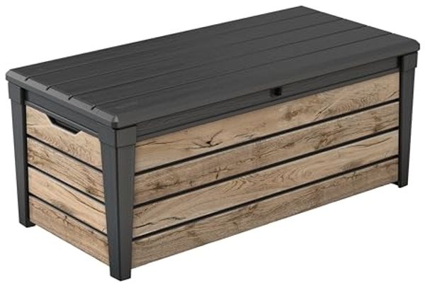Keter Gartenbox Brightwood, 454 Liter, hochwertige Auflagenbox in Holzoptik Pinie, als Sitzgelegenheit nutzbar, mit Gasdruckfedern, abschließbar