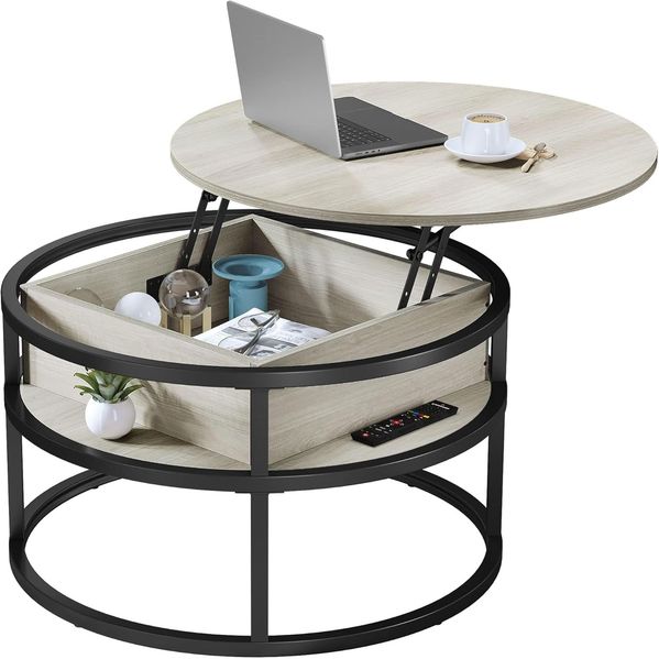 YITAHOME Couchtisch Rund mit Hebeplatte, Wohnzimmertisch mit verstecktem Ablagefach, Beistelltisch Rund mit Stauraum für Home Office, Runder Mitteltische Wohnzimmer, Weiße Eiche