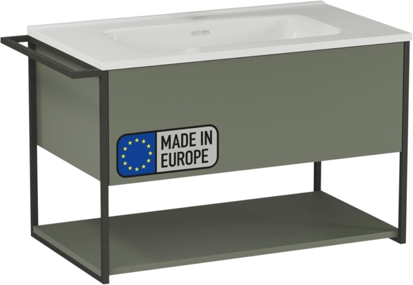 BADEDU DUNA Waschbecken mit Unterschrank 80 cm breit, Grün, Waschbecken Keramik Weiß