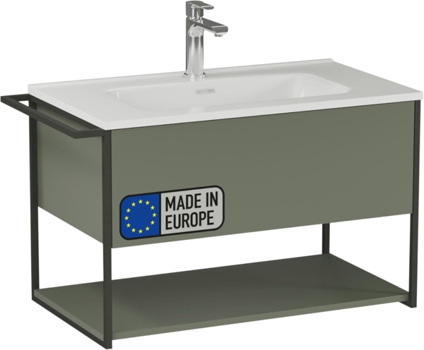 BADEDU DUNA Waschbecken mit Unterschrank 80 cm breit, Grün, Waschbecken Keramik Weiß