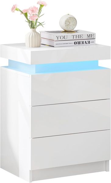 TUKAILAI Nachttisch mit LED Beleuchtung, 3 Schubladen und oberer Aufbewahrung, Hochglanz, Weißer Nachtschrank Modern, 45 x 35 x 67.5 cm für Schlafzimmer, Wohnzimmer