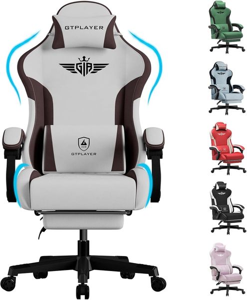 GTPLAYER Gaming Stuhl, Ergonomischer Gamer Stuhl aus Stoff mit Lendenwirbelstütze, PC-Stuhl mit verbreiterter Rückenlehne, Belastbar bis 150 kg, Braun