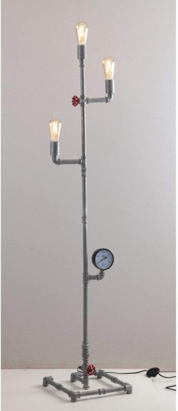 LED Stehlampe im Industriedesign 3-flammig Wasserrohr Optik, Grau antik Bild 2