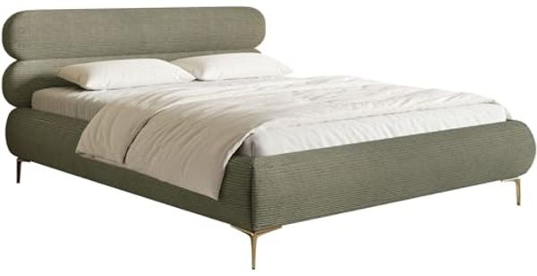 Selsey Polsterbett 160x200 cm Cord Olivgrün – Bett mit Stauraum und Bettkasten, gepolstertes Bett mit Lattenrost und Metallrahmen, Doppelbett Schlafzimmer mit goldfarbenen Füßen und Gasdruckfedern