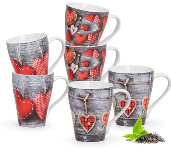 matches21 HOME & HOBBY Tasse Schöne Kaffeetassen 6er Set Holz-Optik Herzen Landhaus-Stil, Porzellan, Tee Kaffee-Becher, modern, grau rot bunt, 300 ml