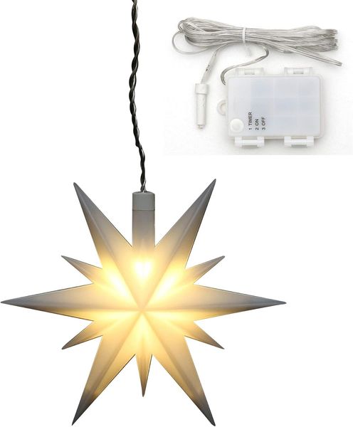 ***Weihnachtsstern aus Kunststoff in weiß, für Innen und Außen geeignet, inkl. LED Beleuchtung und 6h Timer, für Batteriebetrieb. Maße L/B/H: 13,5 x 5,5 x 12 cm.
