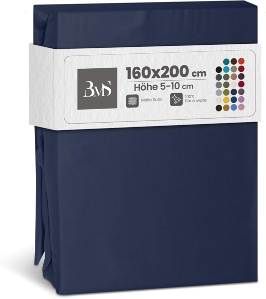 Bettwaesche-mit-Stil Mako-Satin Spannbettlaken dunkelblau 160x200cm Höhe 5-10cm