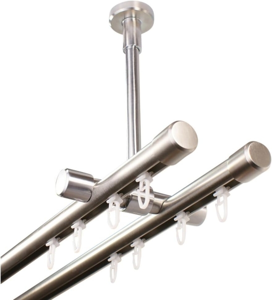 iso-design Gardinenstange Innenlauf 2-läufig Deckenmontage Farbe Edelstahl Endstück Kappe, Ø 20 mm, 2-läufig, Fixmaß, mit Bohren, Metall, Deckenabstand durch Kürzung einstellbar zwischen 7 cm und 19 cm