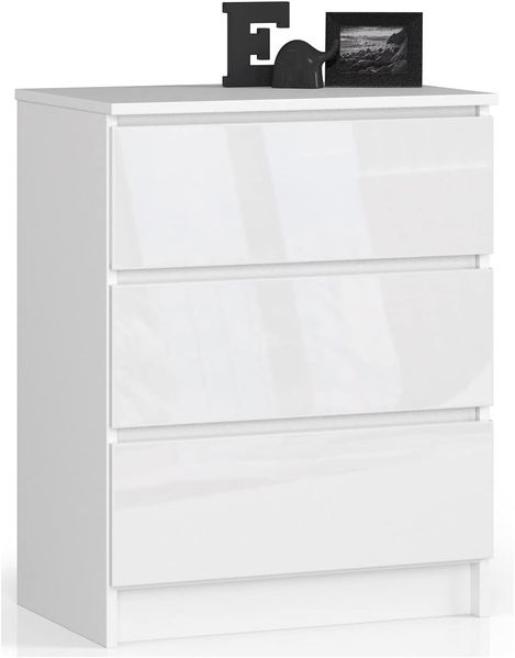 Kommode K60 mit 3 Schubladen | für das Wohnzimmer Schlafzimmer Schrank Büro Arbeitszimmer | Modernes Funktionales Design | B60 x H77 x T40 cm, Gewicht 25 kgWeiß/Weiß Glänzend