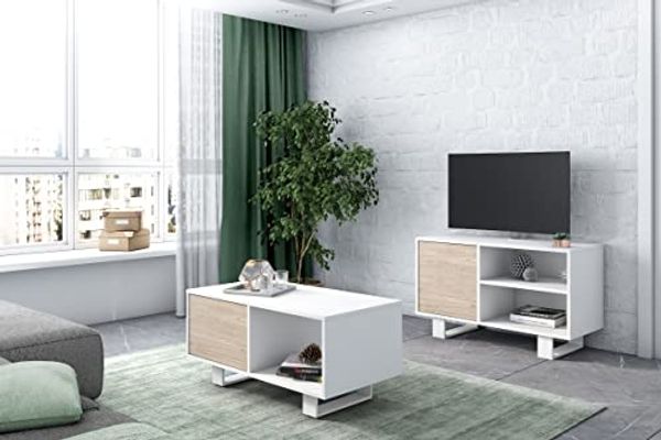 Skraut Home Möbelset Wind| Wohnzimmer/Esszimmer-Set | bestehend aus 1 TV100 und 1 Couchtisch | Weiß/Eiche | Füße weiß