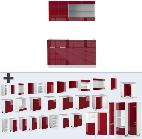 Singleküche R-Line Rot Hochglanz/Weiß 140 cm , AP Marmor Vicco Bild 8