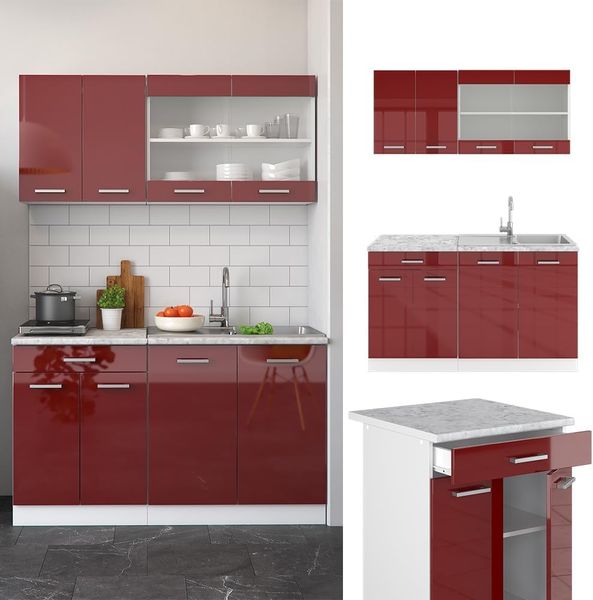 Singleküche R-Line Rot Hochglanz/Weiß 140 cm , AP Marmor Vicco Bild 5