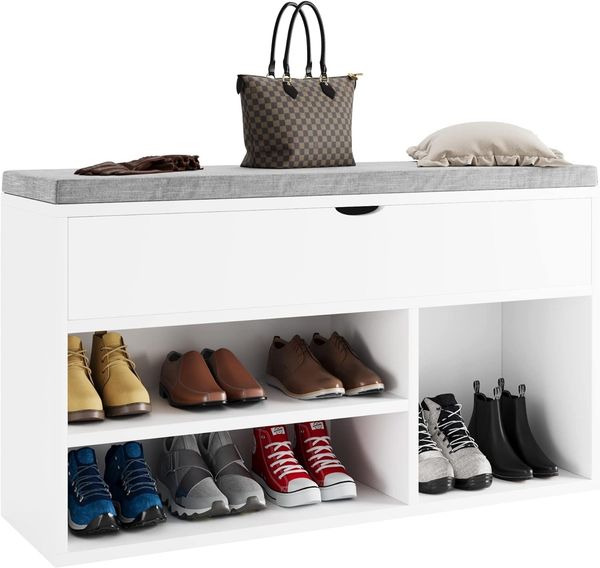 GarveeHome Schuhbank Mit Gepolstert Sitzfläche, Sitzbank Mit Stauraum, 3 Offene Fächer, 150 kg Belastbar, Flurbank Mit Aufklappbarer Aufbewahrungsbox Für Flur, Diele 100 x 30 x 57 cm