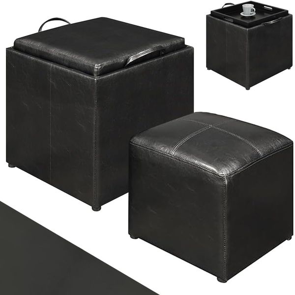 BAKAJI Set mit 2 Sitzhockern aus Kunstleder, Farbe schwarz, mit Deckel, 2-in-1, umwandelbares Serviertablett, Hocker mit Mehrzweckfach, Bequeme Polsterung, Fußstütze mit Holzrahmen