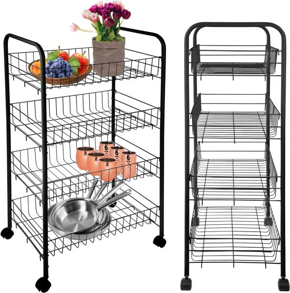 ONVAYA® Beistellwagen Susi mit 4 Körben | schwarz | 39 x 26 x 76 cm | Rollwagen | Küchenwagen | Wagen | Metall | Regal | Bad | Servierwagen | Haushaltswagen | Allzweckwagen | Küchentrolley