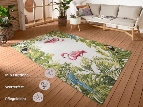 Hanse Home Tropical Birds In- & Outdoor Teppich – Flachgewebe Aussenteppich, Flamingo Jungel Palmen Design, ÖKO-TEX Wetterfest & UV-beständig für Balkon, Terrasse, Garten, Wohnzimmer - Bunt, 80x165 cm Bild 2