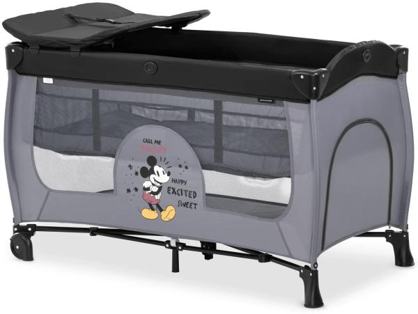 Hauck Baby-Reisebett Sleep'n Play Center - Disney - Mickey Mouse Grey, Reisebett mit Wickelauflage, höhenverstellbar, Rollen & Einstieg