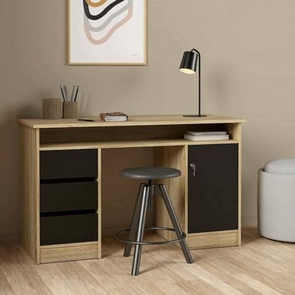 Dmora - Schreibtisch Carine, Mehrzweckschreibtisch, Bürotisch für PC, Eckschreibtisch, 126x55 h76 cm, Eiche und Schwarz