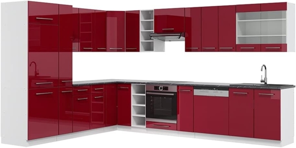 Eckküche Fame-Line Bordeaux Hochglanz/Weiß 347 x 60 cm , AP Anthrazit Vicco