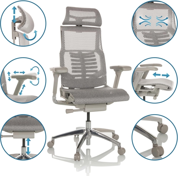 hjh OFFICE Profi Bürostuhl DYNAFIT II G Netz ergonomischer Drehstuhl mit Flexibler Lordosenstütze, Hellgrau, 652281 Bild 5