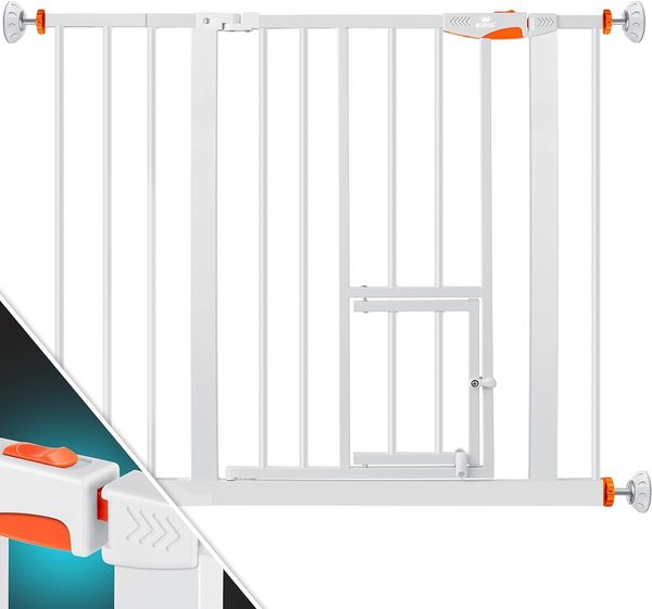 KIDIZ® Absperrgitter zum Klemmen mit Katzenklappe, Türschutzgitter, Autoclose Kinder Treppengitter ohne Bohren | 90° Stopp Schutz, schwenkbar, Treppenschutzgitter Orange, 88 - 94 cm