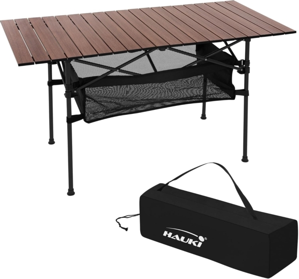 Hauki Campingtisch Klapptisch faltbar aus Aluminium inkl. Tragetasche, Gartentisch 118x55x64,5 cm Braun, Aufrollbare Tischplatte, Falttisch