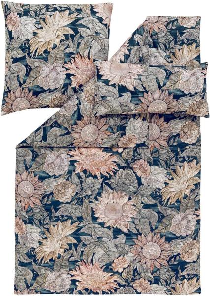 Estella Mako-Satin Bettwäsche 155x220 Willa nachtblau Blumen Blätter 7598-200