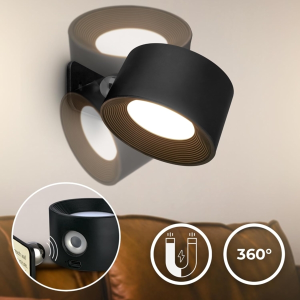 B.K.Licht LED Wandleuchte BKL1597 Magnetische Akku Wandlampe, 3-Stufen Dimmer, mit USB-C, CCT - über Fernbedienung, LED fest integriert, Tageslichtweiß, CCT-Funktion, 150Lm, 2W, 14h Leuchtdauer, 4,5 x 8 x 9,5 cm, Schwarz Bild 7