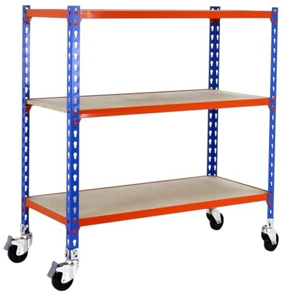 Simon Rack Schwerlastregal mit Rollen, 975 x 800 x 500 mm, Bis 75 kg Belastbar, 3 Verstellbare Ablagen, MDF-Platten, Kellerregal, Lagerregal, Blau/Orange/Holz - Maderclick