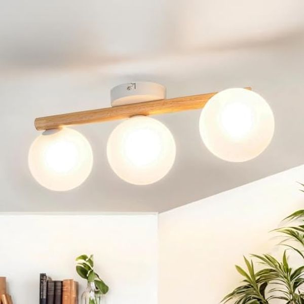 Licht-Erlebnisse Deckenleuchte MIEKE, ohne Leuchtmittel, Glas Holz Metall 47 cm lang G9 in Hell Weiß 3-flammig
