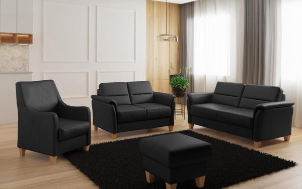 CAVADORE Leder 3er-Sofa Palera / Landhaus-Couch mit Federkern + massiven Holzfüßen / 179 x 89 x 89 / Leder Schwarz Bild 2