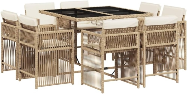 vidaXL 9-tlg. Garten-Essgruppe mit Kissen Beige Poly Rattan 3211738