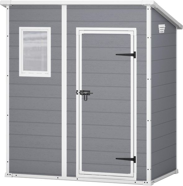 Keter Manor Pent 6x4 Gartenhaus wetterfest, Kunststoff, Outdoor, Außenmaße: BxTxH:183. 5 x 111 x 200. 5 cm, Innenmaße: 168. 5 x 97 x 154 cm, grau