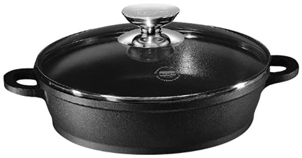 Berndes Vario Click Induction Schmorkasserolle mit Glasdeckel, Kasserolle, Servierpfanne, Antihaftversiegelung, Aluminiumguss, Schwarz, Ø 28 cm, 031167