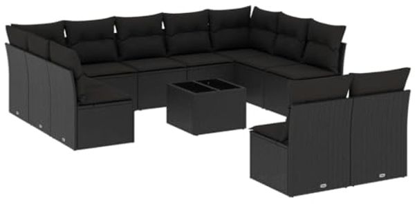 vidaXL 12-tlg. Garten-Sofagarnitur mit Kissen Schwarz Poly Rattan 3218355
