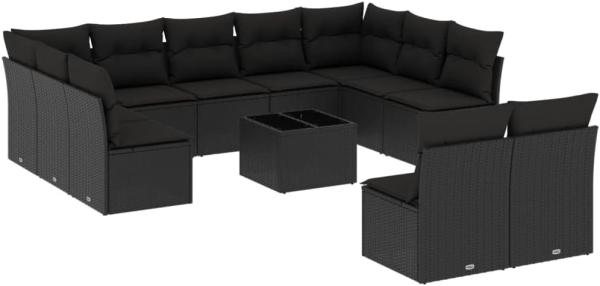 vidaXL 12-tlg. Garten-Sofagarnitur mit Kissen Schwarz Poly Rattan 3218355