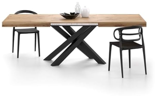 MOBILI FIVER, Ausziehbarer Tisch Emma 160, rustikale Eiche mit schwarzen X-Beinen, Laminiert/Eisen, Made in Italy