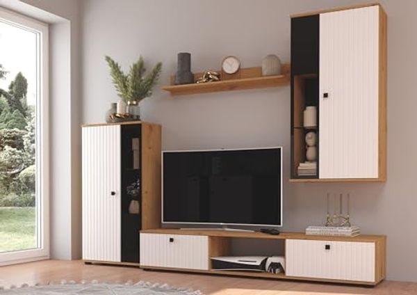 Wohnwand Salsa 2 Lamellenoptik Anbauwand Schrankwand MDF Weiss + Eiche Artisan