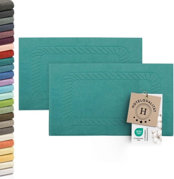 ZOLLNER 2er Set Badematten - weiche und saugstarke Duschvorleger - waschbar bis 95°C - Baumwolle - 50x70 cm in türkis