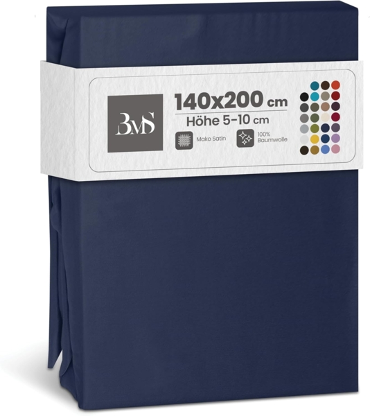 Bettwaesche-mit-Stil Mako-Satin Spannbettlaken dunkelblau 140x200cm Höhe 5-10cm
